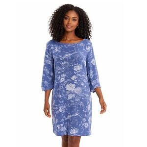 H&M Blue White Floral Shift Dress 3/4 Tie Sleeve 12 Resortwear‎ Boho Chic 83-16
